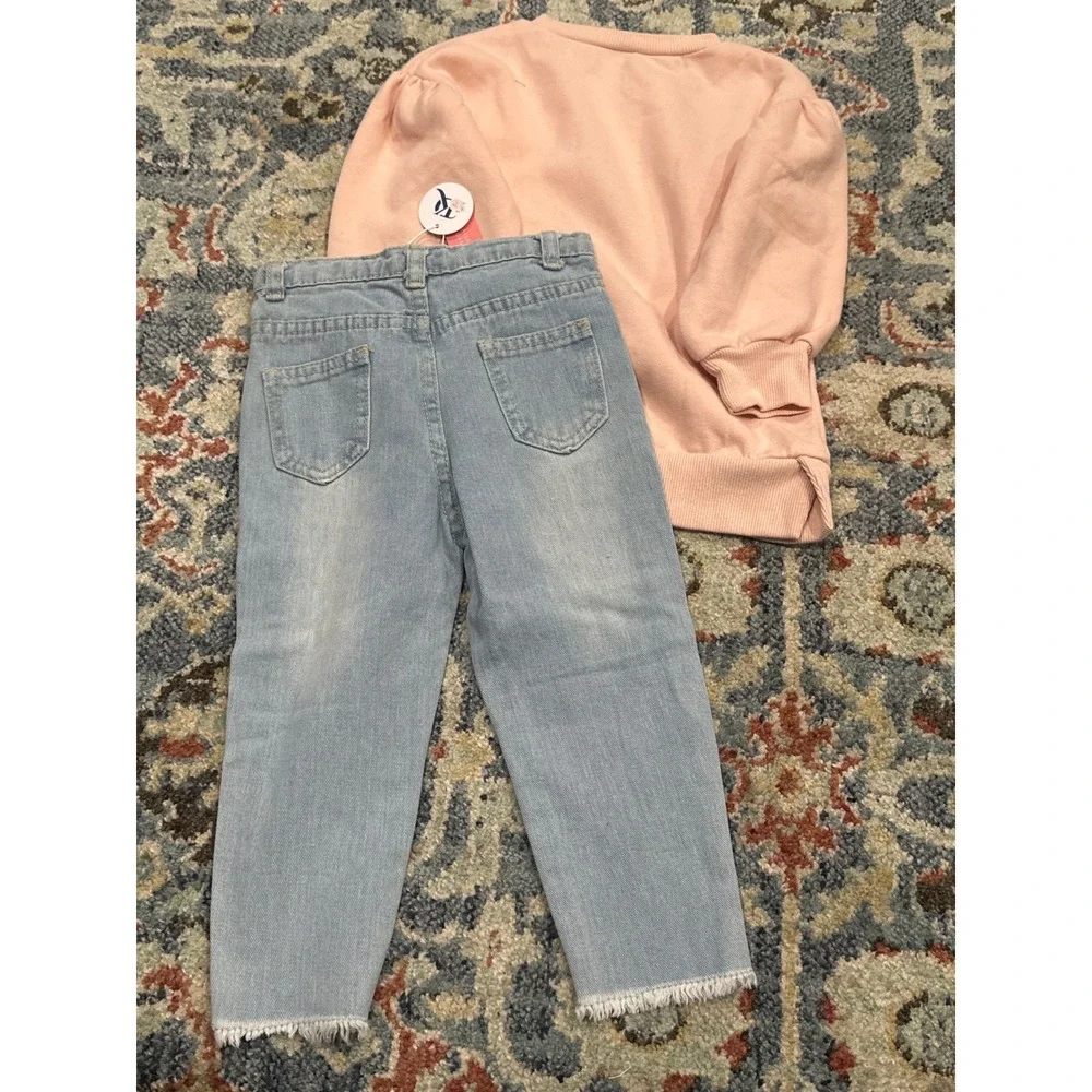 PL Kids Baileys Blossoms Girls 2T Pink Blue Earth Sweatshirt Distressed‎ Jeans